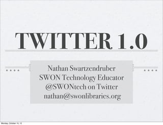 TWITTER 1.0
                           Nathan Swartzendruber
                         SWON Technology Educator
                          @SWONtech on Twitter
                          nathan@swonlibraries.org


Monday, October 15, 12
 