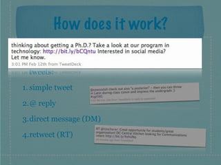 How does it work?

  4 main types of
  tweets:

1. simple tweet

2.@ reply

3.direct message (DM)

4.retweet (RT)
 