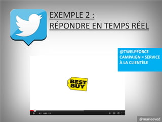 EXEMPLE 2 :
RÉPONDRE EN TEMPS RÉEL
@TWELPFORCE
CAMPAIGN = SERVICE
À LA CLIENTÈLE

@marieeved

 