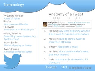 Handle 
Your username (@usabg) 
Tweet (verb): 
The act of posting on Twitter 
Twitter 101: A Beginner’s Guide 
Terminology 
Twitterer/Tweeter: Anatomy of a Tweet 
1. Hashtag: any word beginning with the 
# sign, used to organize conversations 
2. Mention: used to bring a Tweet to 
someone’s attention 
3. @reply: respond to a Tweet 
4. Retweet: share someone else’s tweet 
with your followers 
5. Links: automatically shortened to 19 
characters 
A user of Twitter 
Followers 
People who have followed you 
Follow/Unfollow 
Subscribing or unsubscribing to a 
Twitter account 
Tweet (noun): 
A message posted on Twitter 
 