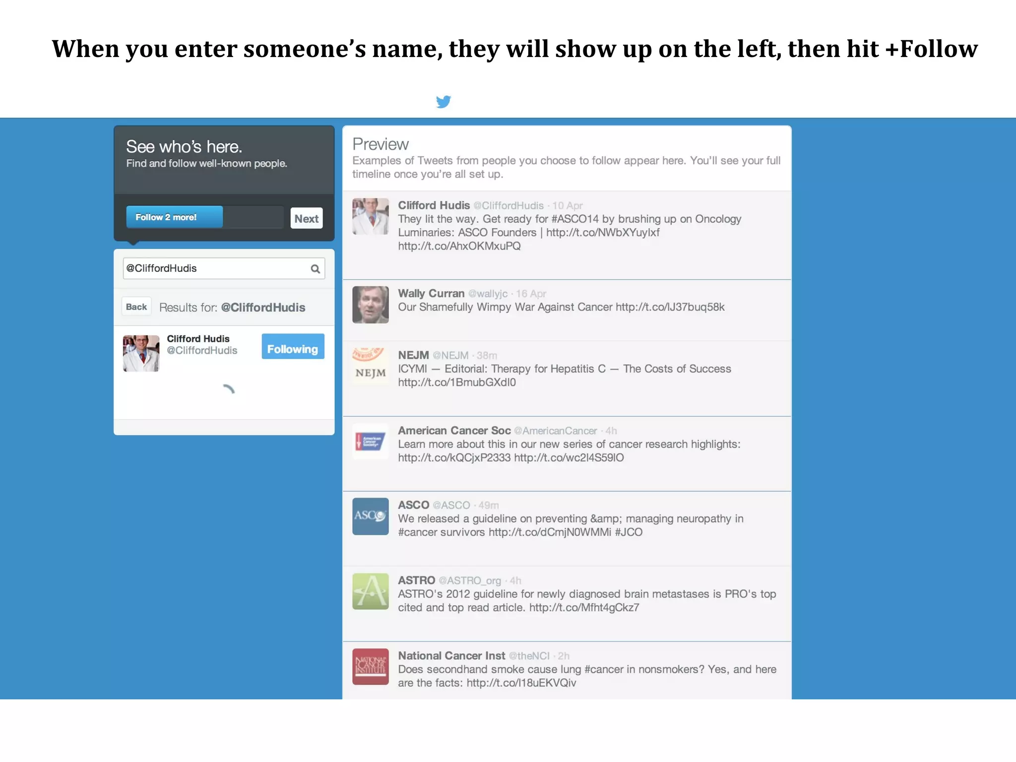 When you enter someone’s name, they will show up on the left, then hit +Follow
 