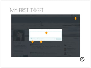 YOUR FIRST TWEET
Your first tweet is your first interaction with the
world. Be authentic, be yourself! The twittersphere is
a very open, generous and accepting place!
** TRIVIA: Every tweet is cataloged in the Library of Congress!
 