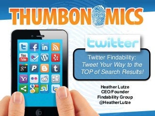 Twitter Findability:
Tweet Your Way to the
TOP of Search Results!
Heather Lutze
CEO/Founder
Findability Group
@HeatherLutze
 