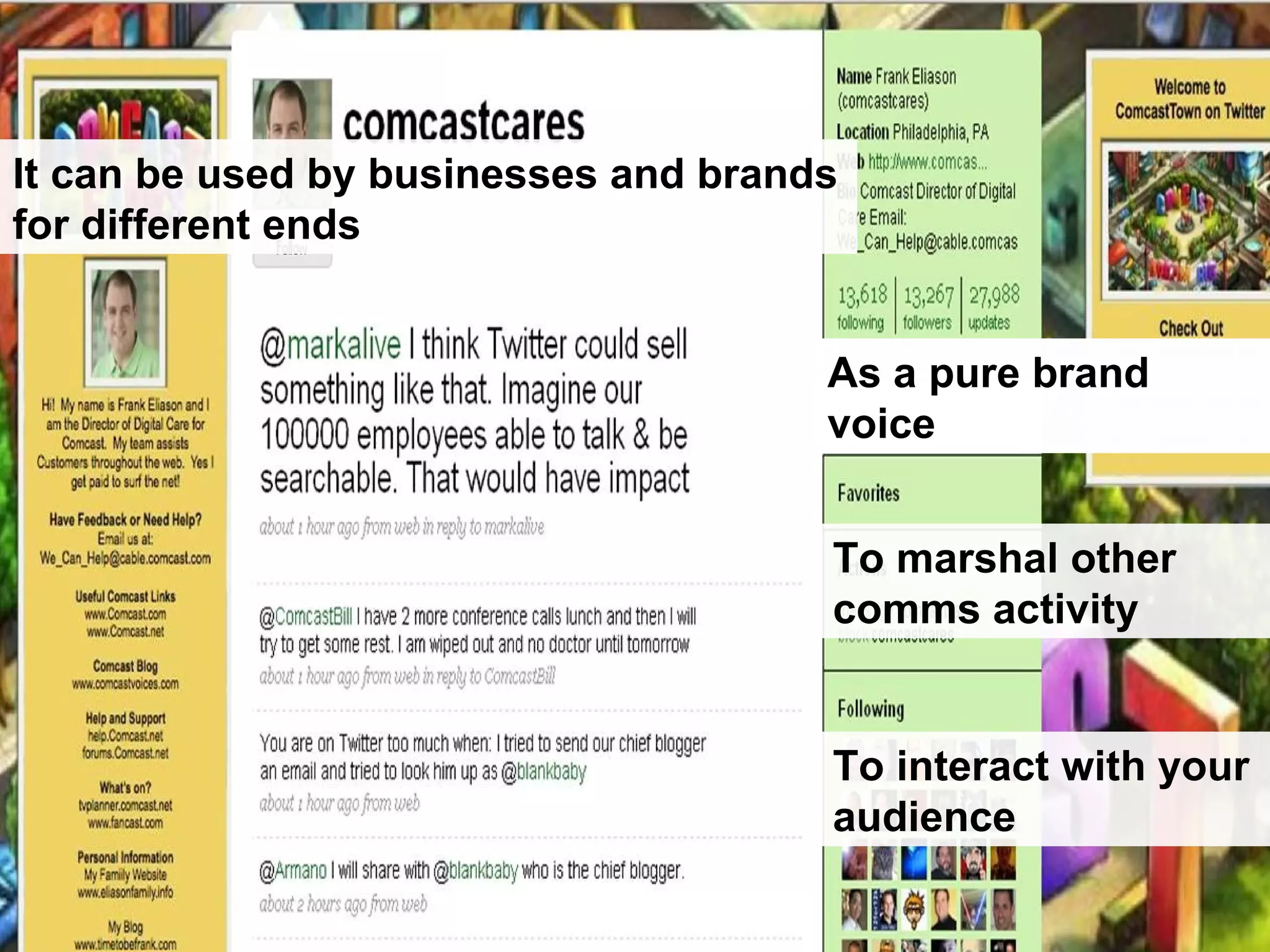 As a pure brand voice To interact with your audience It can be used by businesses and brands for different ends As a pure brand voice To marshal other comms activity 