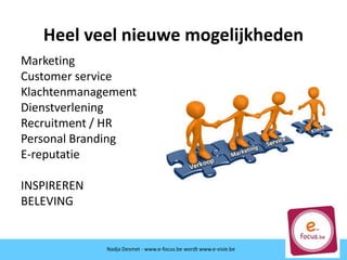 Heel veel nieuwe mogelijkheden
Marketing
Customer service
Klachtenmanagement
Dienstverlening
Recruitment / HR
Personal Branding
E-reputatie
INSPIREREN
BELEVING
Nadja Desmet - www.e-focus.be
Nadja Desmet - www.e-focus.be wordt
www.e-visie.beNadja Desmet - www.e-focus.be wordt www.e-visie.be
 