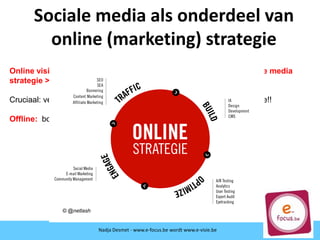 Sociale media als onderdeel van
online (marketing) strategie
Nadja Desmet - www.e-focus.be
Nadja Desmet - www.e-focus.be wordt
www.e-visie.beNadja Desmet - www.e-focus.be wordt www.e-visie.be
Online visie > online strategie > online marketing strategie > sociale media
strategie > SM campagne
Cruciaal: vergeet offline niet! Online en offline: synergetische combinatie!!
Offline: boeken, tijdschriften, events, studiedagen…
© @netlash
 