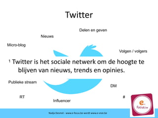 Twitter
Micro-blog
140 + links
Publieke stream
Volgen / volgers
DM
RT #
Nieuws
Influencer
Nadja Desmet - www.e-focus.be
Delen en geven
Nadja Desmet - www.e-focus.be wordt
www.e-visie.beNadja Desmet - www.e-focus.be wordt www.e-visie.be
Twitter is het sociale netwerk om de hoogte te
blijven van nieuws, trends en opinies.
 