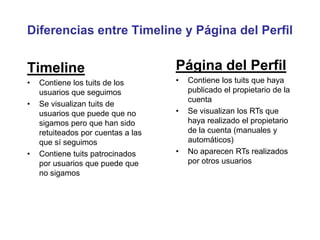 Diferencias entre Timeline y Página del Perfil
Timeline
• Contiene los tuits de los
usuarios que seguimos
• Se visualizan tuits de
usuarios que puede que no
sigamos pero que han sido
retuiteados por cuentas a las
que sí seguimos
• Contiene tuits patrocinados
por usuarios que puede que
no sigamos
Página del Perfil
• Contiene los tuits que haya
publicado el propietario de la
cuenta
• Se visualizan los RTs que
haya realizado el propietario
de la cuenta (manuales y
automáticos)
• No aparecen RTs realizados
por otros usuarios
 