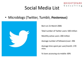 Social Media List
• Microblogs (Twitter, Tumblr, Posterous)
Born on 21 March 2006
Total number of Twitter users: 500 million
Monthly active users: 200 million
Average number of followers/user: 206
Average time spent per user/month: 170
mins
% Users accessing via mobile: 60%
 