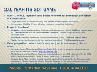 2.0, yeah its got gameOver 1/3 of U.S. regularly uses Social Networks for Branding Connection or ConversationTarget search and access to company, jobs, people and employment information.  Increase your Visibility.  Extend a Farther reach and competitive distinction.  Power in Numbers! LinkedIn for Business Networking , Professional Endorsements, Status. 11 Million regular users. ALL 500 of Fortune 500 are represented on LinkedIn. Consider this your identity– with endorsements! Facebook for Groups Networking, Personal Networking, Status.  78 Million regular users  Twitter for common interests, extended business networking.  17 Million regular users. Value proposition: Where there’s Numbers (people and revenue), there’s value! Increasing base of Recruiters will leverage Social Splits to inform, educate,  enhance revenue, grow the pie, and drive business. http://socialsplits.comMobile Search and Use Market Revenues estimated climbing from 917 millions to 2.8 – by 2014 will further business value for Social Business Networking.  - Newswire 10.22.09Fortune:  Booz Allen Hamilton recruiter reported reading 250 Resumes/day for 4 interview-able candidates.  (Quality Resumes.. Quality Recruiter Services, STILL a competitive advantage) Steven Rothberg 3 Success Stories About Finding Jobs Through Networking http://tinyurl.com/nj7rfePeople + $ Market Revenue  + USE = VALUE! 
