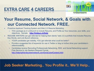 Job Seeker Marketing.. You Profile it.. We’ll Help.. Extra Care 4 CareersYour Resume, Social Network, & Goals with our Connected Network. FREE.  Proactive Applicant Tracking System and Web 2.0 Resume Marketing.YOU package as in Linkbunch to include Resume, and Profile as Your resources, your skills, your objectives.  Sample:   http://linkbun.ch/fmbjRESUME WRITERS can get referrals for helping their clients “web 2.0 a portfolio that includes Resume, Key Words, and Link Bunch reference. YOUR candidates get visibility, YOU get referrals what could be better? Provide a suggested list of keywords for use in Twitter or blog to further drive your candidates’sreferenceability. Candidates receive Recruiting Professionals Networking, RSS  and Social Networking support.  Free Service to Job Seekers Request Format http://helpingfriendscareernetwork.com/ExtraCare4Careers.html