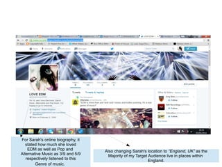 For Sarah's online biography, it
stated how much she loved
EDM as well as Pop and
Alternative Music as 3/9 and 5/9
respectively listened to this
Genre of music.
Also changing Sarah's location to “England, UK” as the
Majority of my Target Audience live in places within
England.
 