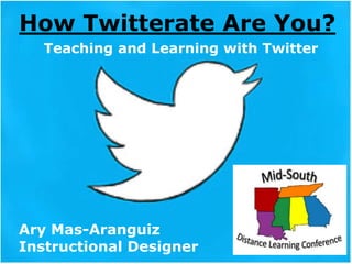 How Twitterate Are You?
Teaching and Learning with Twitter
Ary Mas-Aranguiz
Instructional Designer
 