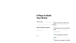 6 Plays to Build Your
Brand Video and Social Solutions for Marketers
6 Plays to Build
Your Brand
Introduction…………………..……
…………………………………….. 6
Plays to Build Your Brand
AWARENESS
3 - 9
1
Launch a product or refresh your
brand ………………………….
10 - 12
2 Maximize reach and impact with
video …………………………..
CONSIDERATION
3 Drive engagement with your
brand ..………………………………
4 Boost your campaign or tentpole
 