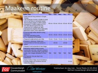 Maakeen routine




 Couwenbergh      Praktischaan de slag met… Social Media 22-05-2012
 Communiceert                     Herman Couwenbergh @Hermaniak
 