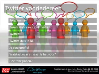 Twitter vooriedereen
 Programma

 Enkele stats van social media

 Twitter

 Twitter stats in NL

 Je eigenprofiel

 Watstaatwaar en waar is het voor?

 Hoe tebeginnen?

  Couwenbergh                    Praktischaan de slag met… Social Media 22-05-2012
  Communiceert                                   Herman Couwenbergh @Hermaniak
 