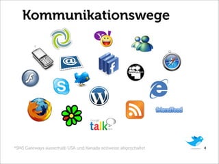 Kommunikationswege

         *




*SMS Gateways ausserhalb USA und Kanada zeitweise abgeschaltet   4
 