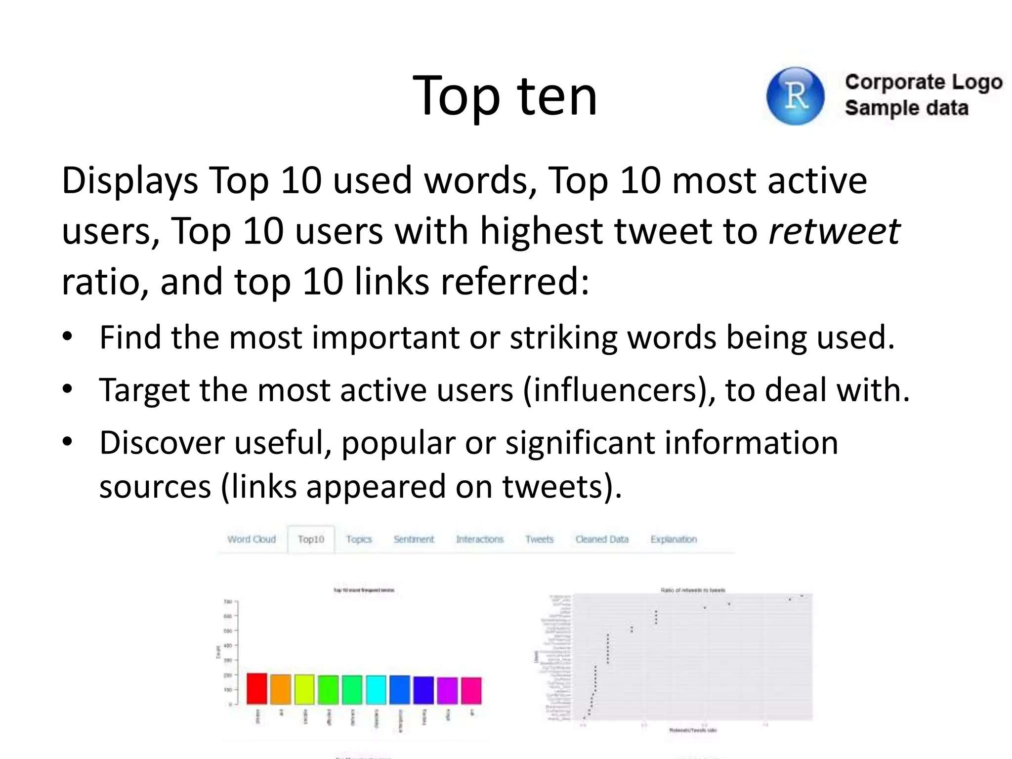 Top ten
Displays Top 10 used words, Top 10 most active
users, Top 10 users with highest tweet to retweet
ratio, and top 10 links referred:
• Find the most important or striking words being used.
• Target the most active users (influencers), to deal with.
• Discover useful, popular or significant information
sources (links appeared on tweets).
 