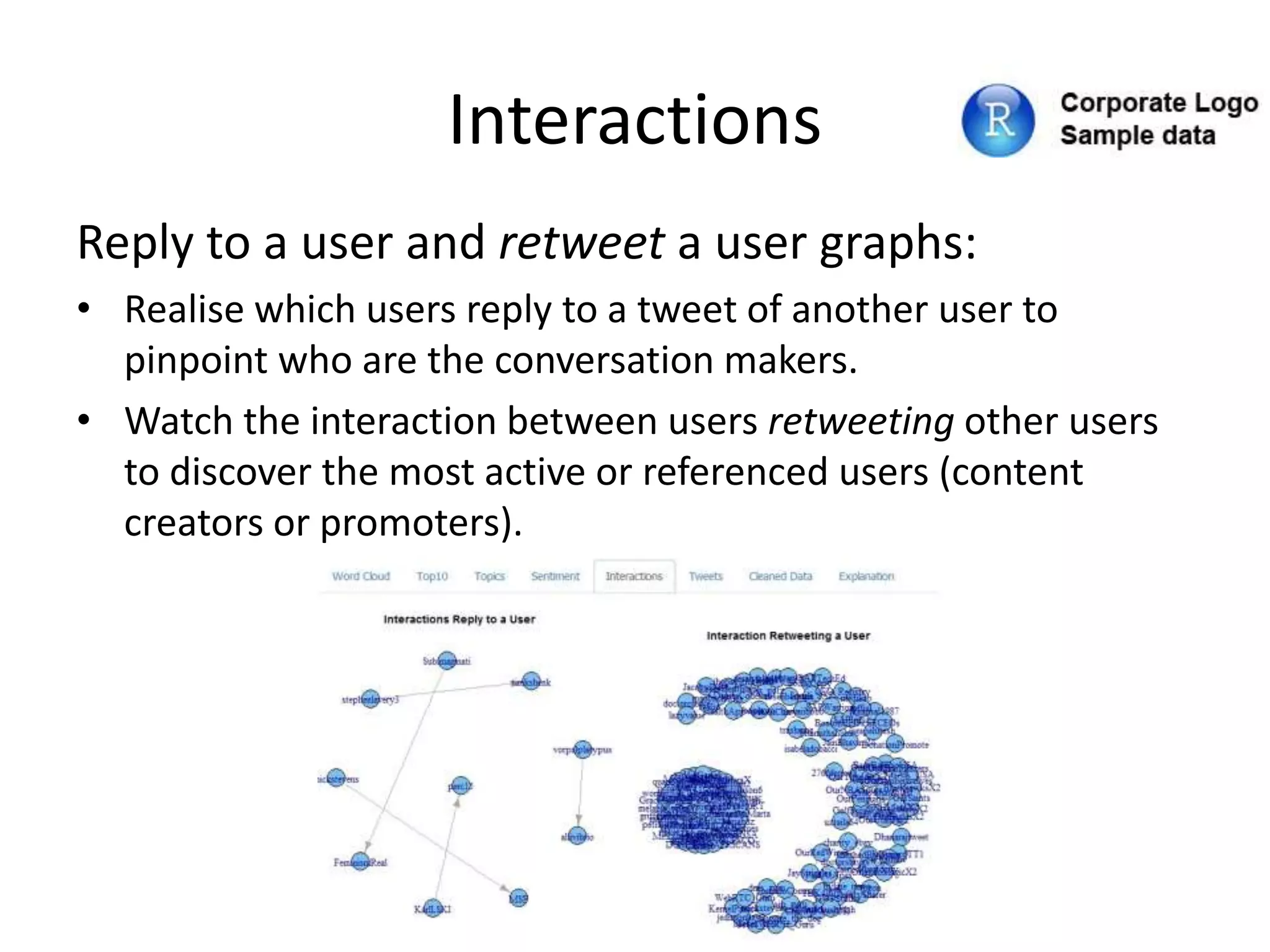 Interactions
Reply to a user and retweet a user graphs:
• Realise which users reply to a tweet of another user to
pinpoint who are the conversation makers.
• Watch the interaction between users retweeting other users
to discover the most active or referenced users (content
creators or promoters).
 