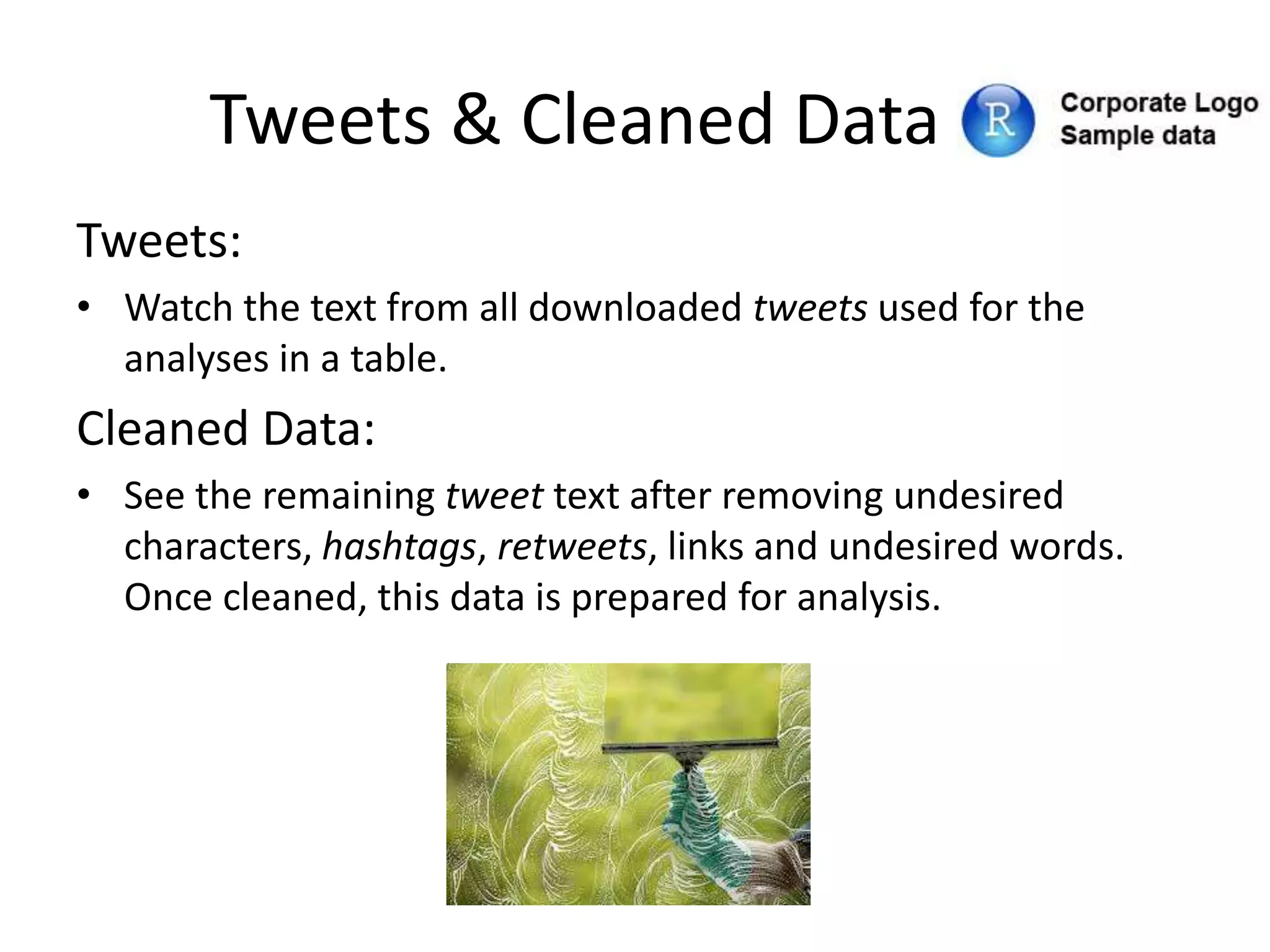 Tweets & Cleaned Data
Tweets:
• Watch the text from all downloaded tweets used for the
analyses in a table.
Cleaned Data:
• See the remaining tweet text after removing undesired
characters, hashtags, retweets, links and undesired words.
Once cleaned, this data is prepared for analysis.
 