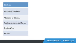 Objetivos

Visibilidad de Marca.

Atención al Cliente.
Posicionamiento de Marca.
Tráfico Web
Ventas.

#FormaciónEBusiness
#WebinarsINTERLAT  #CXREDLeague

 