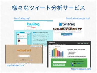http://twilog.org/   http://twitraq.userlocal.jp/




http://whotwi.com/
                                 http://tweetstats.com/
 