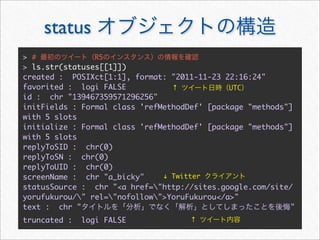 status
> #             R5
> ls.str(statuses[[1]])
created : POSIXct[1:1], format: "2011-11-23 22:16:24"
favorited : logi FALSE           ↑            UTC
id : chr "139467359571296256"
initFields : Formal class 'refMethodDef' [package "methods"]
with 5 slots
initialize : Formal class 'refMethodDef' [package "methods"]
with 5 slots
replyToSID : chr(0)
replyToSN : chr(0)
replyToUID : chr(0)
screenName : chr "a_bicky"     ! Twitter
statusSource : chr "<a href="http://sites.google.com/site/
yorufukurou/" rel="nofollow">YoruFukurou</a>"
text : chr "                                               "
truncated :   logi FALSE             ↑
 