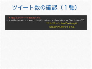 > #
> acast(mstatus, . ~ wday, length, subset = .(variable == "textLength"))
                                    ↑            cleanTextLength
 