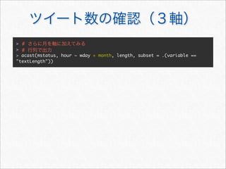 > #
> #
> acast(mstatus, hour ~ wday + month, length, subset = .(variable ==
"textLength"))
 
