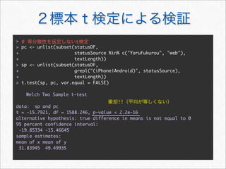 >   #                     t
>   pc <- unlist(subset(statusDF,
+                       statusSource %in% c("YoruFukurou", "web"),
+                       textLength))
>   sp <- unlist(subset(statusDF,
+                       grepl("(iPhone|Android)", statusSource),
+                       textLength))
>   t.test(sp, pc, var.equal = FALSE)

	       Welch Two Sample t-test
                                        !!
data: sp and pc
t = -15.7921, df = 1588.246, p-value < 2.2e-16
alternative hypothesis: true difference in means is not equal to 0
95 percent confidence interval:
 -19.85334 -15.46645
sample estimates:
mean of x mean of y
 31.83945 49.49935
 