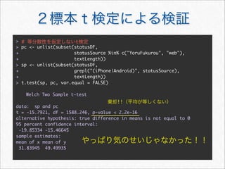 >   #                     t
>   pc <- unlist(subset(statusDF,
+                       statusSource %in% c("YoruFukurou", "web"),
+                       textLength))
>   sp <- unlist(subset(statusDF,
+                       grepl("(iPhone|Android)", statusSource),
+                       textLength))
>   t.test(sp, pc, var.equal = FALSE)

	       Welch Two Sample t-test
                                        !!
data: sp and pc
t = -15.7921, df = 1588.246, p-value < 2.2e-16
alternative hypothesis: true difference in means is not equal to 0
95 percent confidence interval:
 -19.85334 -15.46645
sample estimates:
mean of x mean of y
 31.83945 49.49935
 