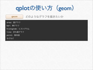 qplot   geom
       geom

area:
bar:
histogram:
line:
point:
 