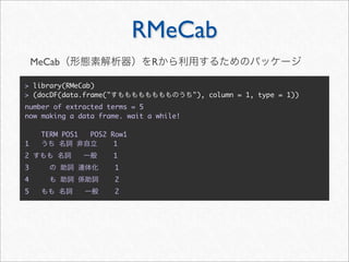 RMeCab
    MeCab                      R

> library(RMeCab)
> (docDF(data.frame("                    "), column = 1, type = 1))
number of extracted terms = 5
now making a data frame. wait a while!

     TERM POS1   POS2 Row1
1                      1
2                       1
3                       1
4                       2
5                       2
 