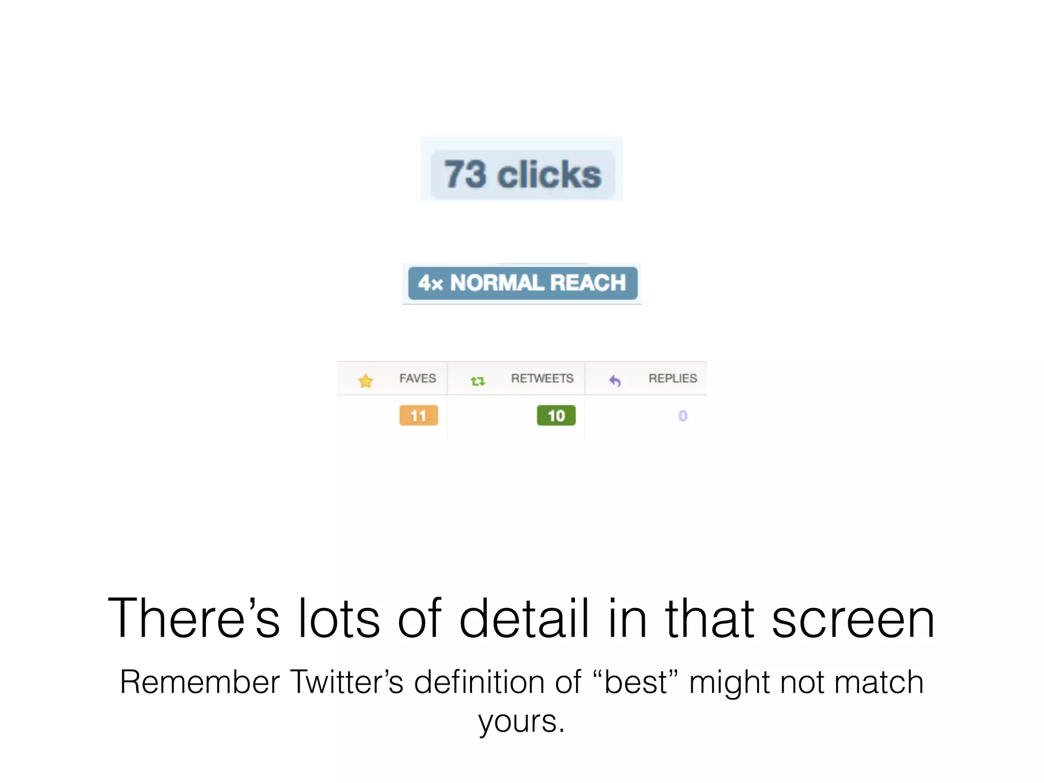 There’s lots of detail in that screen
Remember Twitter’s deﬁnition of “best” might not match
yours.
 