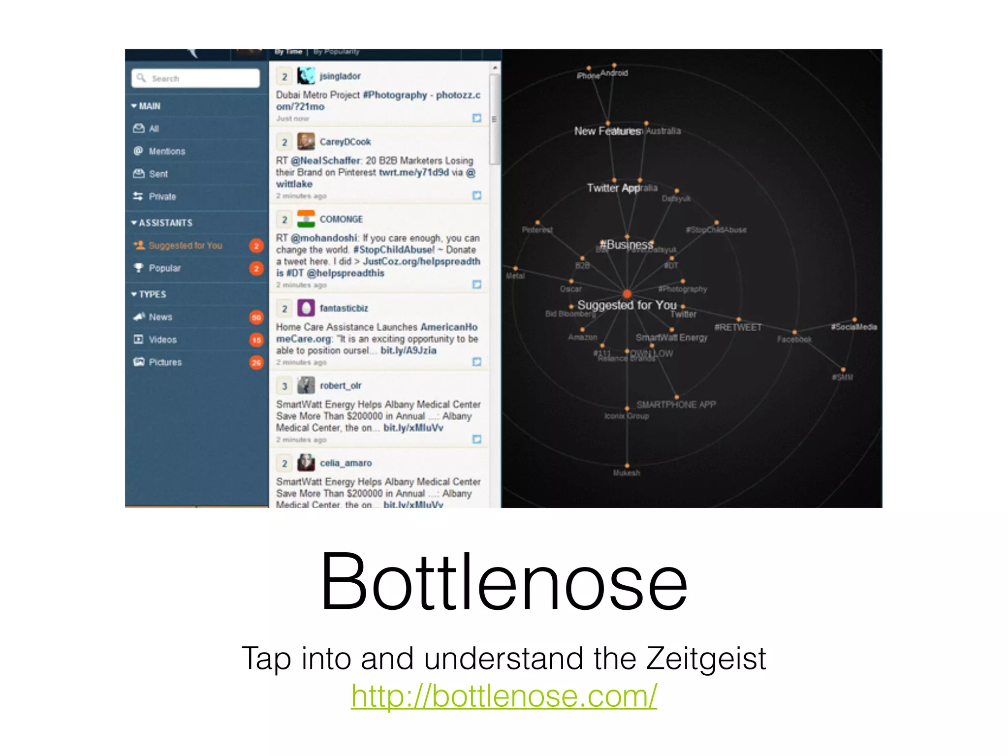 Bottlenose
Tap into and understand the Zeitgeist
http://bottlenose.com/
 