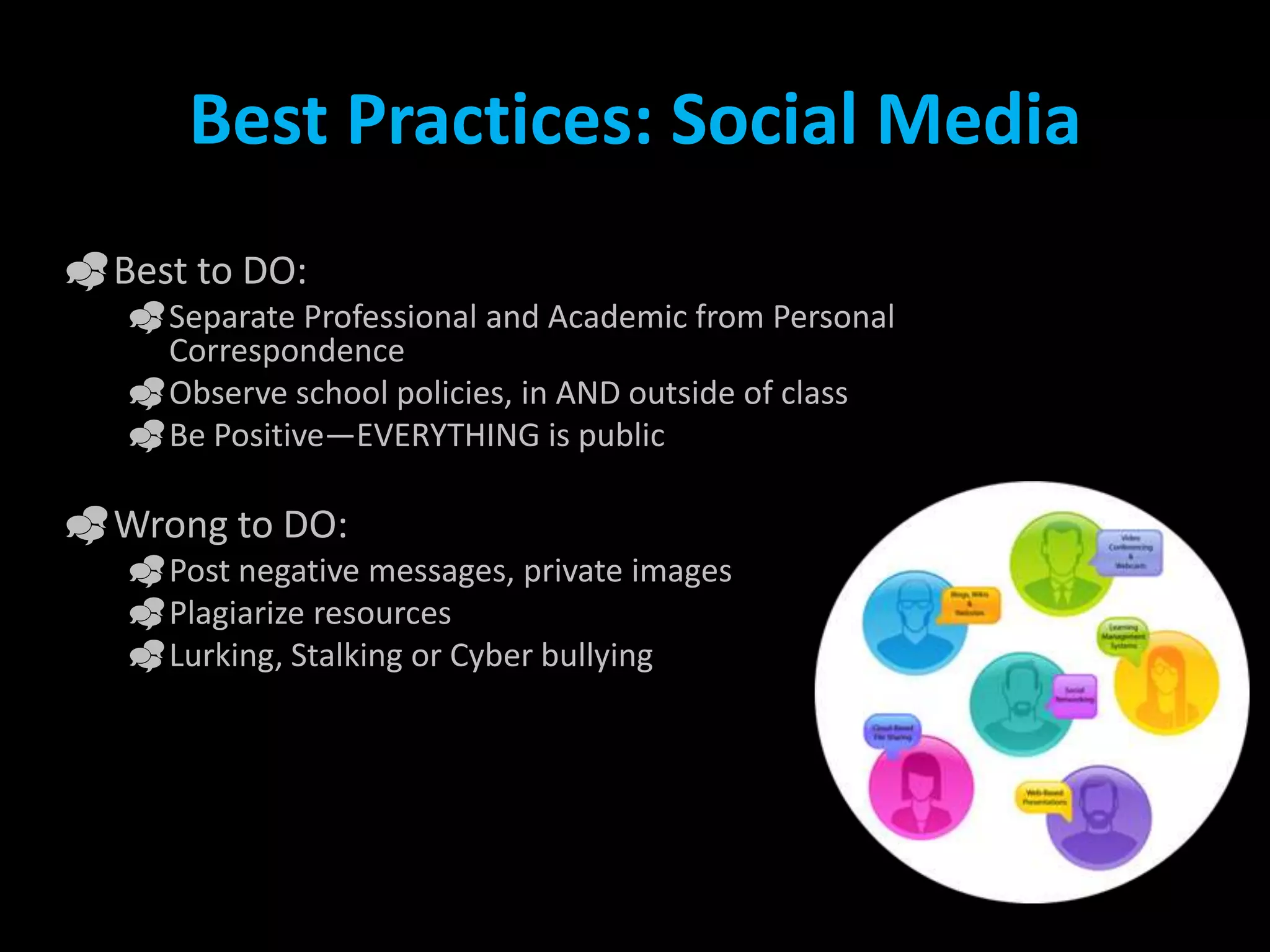 Best Practices: Social Media
Best to DO:
Separate Professional and Academic from Personal
Correspondence
Observe school policies, in AND outside of class
Be Positive—EVERYTHING is public
Wrong to DO:
Post negative messages, private images
Plagiarize resources
Lurking, Stalking or Cyber bullying
 