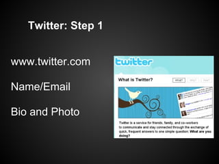 Twitter: Step 1


www.twitter.com

Name/Email

Bio and Photo
 