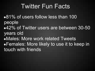Twitter Fun Facts
●81% of users follow less than 100
people
●42% of Twitter users are between 30-50
years old
●Males: More work related Tweets
●Females: More likely to use it to keep in
touch with friends
 