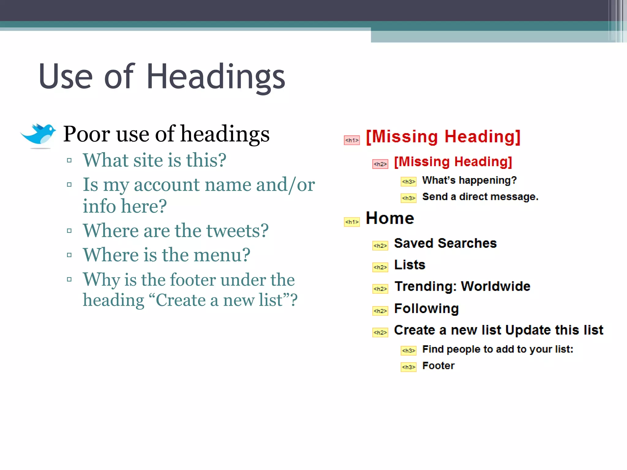 Use of Headings Poor use of headings What site is this? Is my account name and/or info here? Where are the tweets? Where is the menu? W hy is the footer under the heading “Create a new list”? 