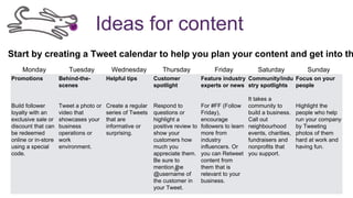 Ideas for content
Start by creating a Tweet calendar to help you plan your content and get into th
Monday Tuesday Wednesday Thursday Friday Saturday Sunday
Promotions
Build follower
loyalty with an
exclusive sale or
discount that can
be redeemed
online or in-store
using a special
code.
Behind-the-
scenes
Tweet a photo or
video that
showcases your
business
operations or
work
environment.
Helpful tips
Create a regular
series of Tweets
that are
informative or
surprising.
Customer
spotlight
Respond to
questions or
highlight a
positive review to
show your
customers how
much you
appreciate them.
Be sure to
mention the
@username of
the customer in
your Tweet.
Feature industry
experts or news
For #FF (Follow
Friday),
encourage
followers to learn
more from
industry
influencers. Or
you can Retweet
content from
them that is
relevant to your
business.
Community/indu
stry spotlights
It takes a
community to
build a business.
Call out
neighbourhood
events, charities,
fundraisers and
nonprofits that
you support.
Focus on your
people
Highlight the
people who help
run your company
by Tweeting
photos of them
hard at work and
having fun.
32
 