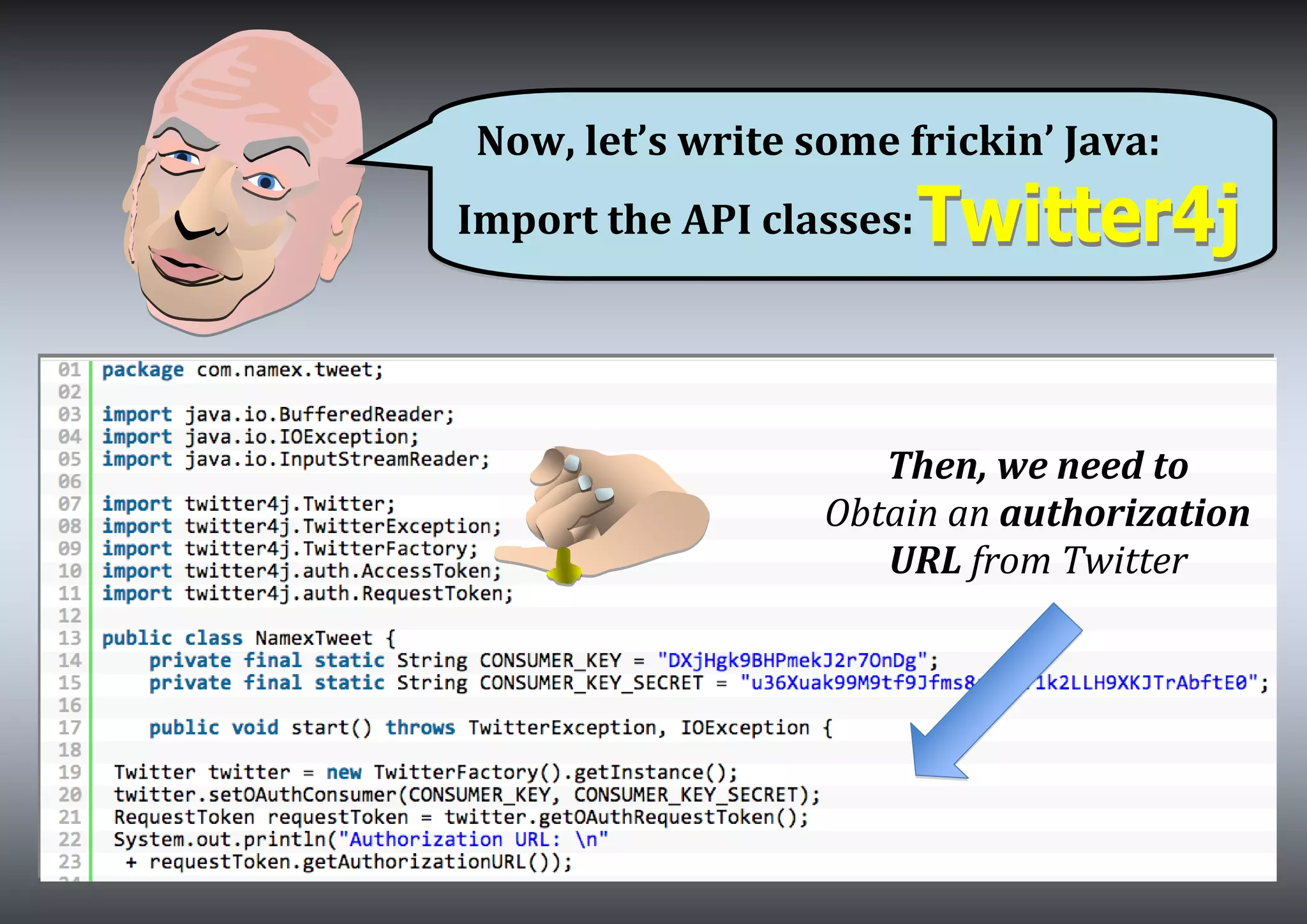 Now, let’s write some frickin’ Java:
Import the API classes:
Then, we need to
Obtain an authorization
URL from Twitter