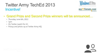 • Grand Prize and Second Prize winners will be announced…
• Thursday, June 6th, 2013
• 1pm
• On Twitter (watch for it!)
• Pickup and photo-op at Twitter Army HQ
 