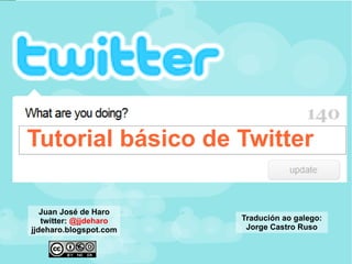 Tutorial básico de Twitter Juan José de Haro twitter: @jjdeharo jjdeharo.blogspot.com Tradución ao galego: Jorge Castro Ruso 