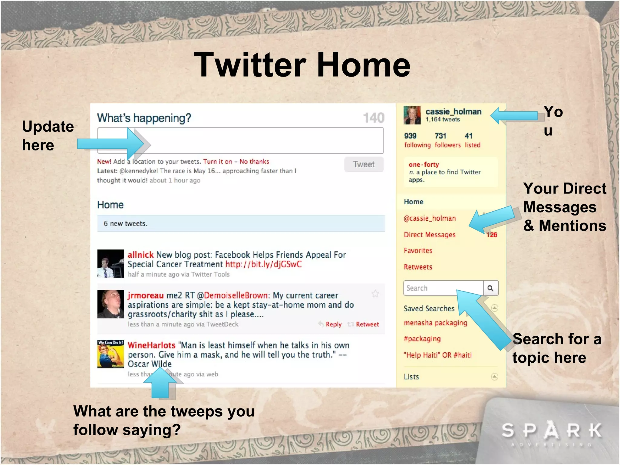 Twitter Home What are the tweeps you follow saying? Update here Search for a topic here You Your Direct Messages & Mentions 