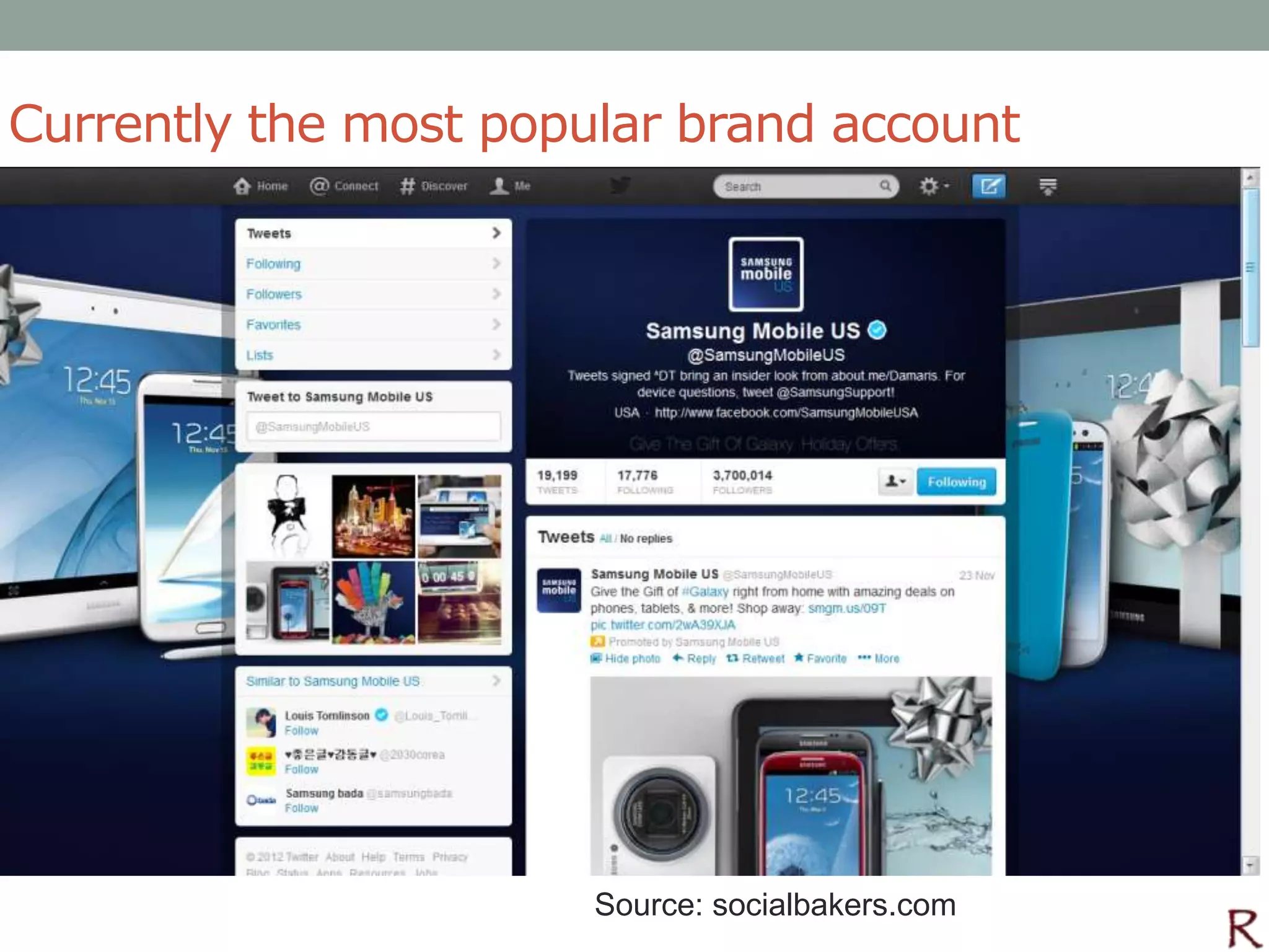 Currently the most popular brand account




                       Source: socialbakers.com
 