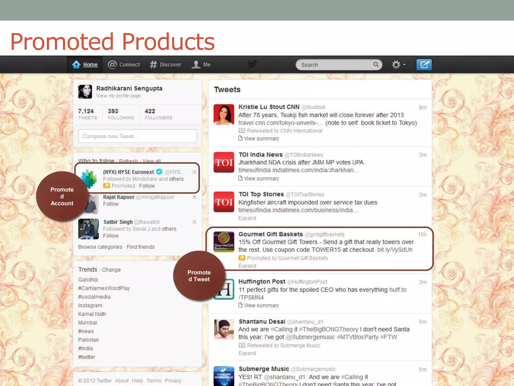 Promoted Products




   Promote
      d
   Account




              Promote
              d Tweet
 