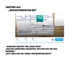 Twitter als
„Redaktionsmitglied“
• Direkter Kontakt für Leser-Input
„Welche (abseitige) Geschichte sollten wir uns mal
ansehen?“
„Wie ließe sich ein Thema weiterentwickeln?“
 