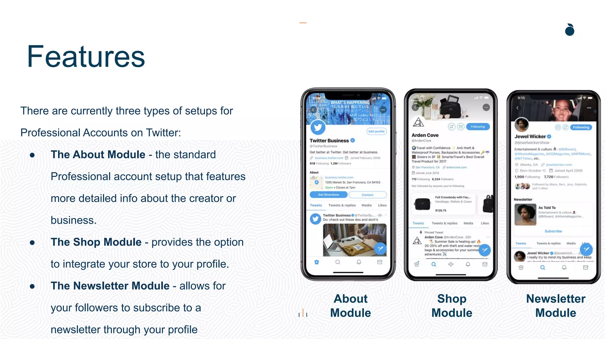Features
There are currently three types of setups for
Professional Accounts on Twitter:
● The About Module - the standard
Professional account setup that features
more detailed info about the creator or
business.
● The Shop Module - provides the option
to integrate your store to your profile.
● The Newsletter Module - allows for
your followers to subscribe to a
newsletter through your profile
About
Module
Newsletter
Module
Shop
Module
 