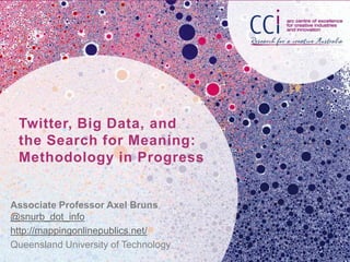 Twitter, Big Data, and
 the Search for Meaning:
 Methodology in Progress


Associate Professor Axel Bruns
@snurb_dot_info
http://mappingonlinepublics.net/
Queensland University of Technology
 