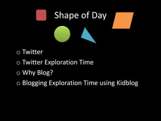 Shape of Day


o Twitter
o Twitter Exploration Time
o Why Blog?
o Blogging Exploration Time using Kidblog
 